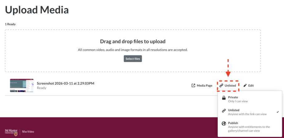 showing the unlisted options upon upload of content